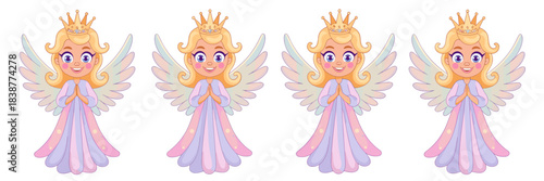 Four identical, adorable blonde cartoon angel princess characters standing side-by-side, clasping hands in a praying spiritual gesture, wearing colorful pastel dresses and golden crowns, a sweet isola