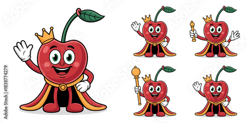 Cute cartoon cherry mascot king character set wearing a gold crown and majestic red cloak, happily waving and holding a royal scepter, perfect vector graphics for fruit packaging, food branding, healt