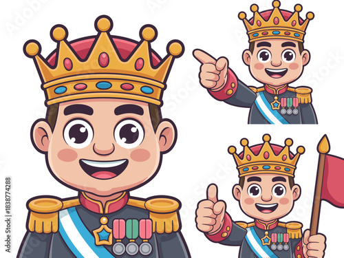 Young cartoon king character, an animated royal sovereign prince wearing a golden crown and ceremonial military uniform, gives a positive thumbs up and points with happy smiling direction for leadersh