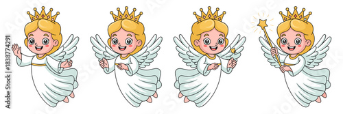 Cheerful little blonde angel queen character collection illustration set flying with white feathered wings, waving and holding a magical star wand for festive Christmas holiday decorations, divine rel