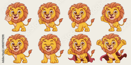 Adorable cartoon baby lion mascot character vector illustration collection showing eight different poses including happy waving, thumbs up for approval, winking, cheerful sitting, and two playful hero