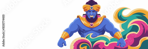 Powerful magical Djinn character, a blue-skinned man with a beard, emerging happily from a vibrant, swirling smoke cloud of teal, purple, and gold, perfect vector illustration for gaming, fantasy, ent