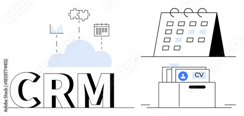 CRM concept. CRM tools illustrated with cloud icons, calendar integration, and file management for workflow automation. CRM is essential for customer engagement, organization, and business success