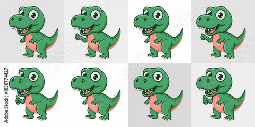 Adorable friendly green cartoon dinosaur T-Rex character illustration standing proudly in a design pattern grid template, offering a positive thumbs up gesture, useful vector graphic asset for childre