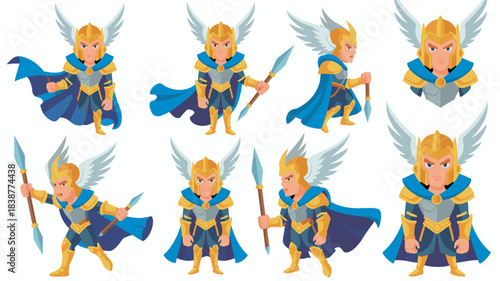 Winged fantasy knight warrior character sprite sheet set showing a heroic mythological gladiator in golden armor and blue cape holding a spear, ready for battle, designed as vector game assets for mob