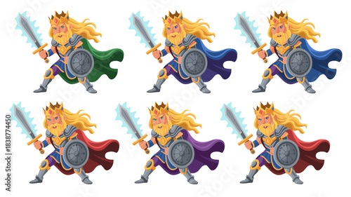 Mighty fantasy medieval king character collection set featuring six colorful variations, a heroic cartoon warrior mascot with a golden beard, crown, armor, sword, and shield, posing powerfully; vector