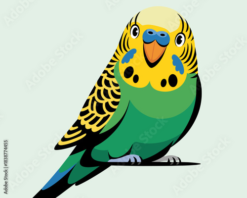 Vibrant green and yellow Budgerigar vector illustration, a cheerful pet parakeet bird character sitting happily and looking forward, featuring black scalloped wing markings and blue cheek patches, per