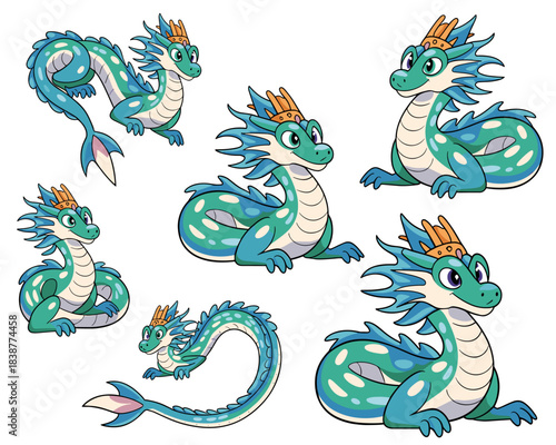 Adorable cartoon sea dragon collection in various playful poses, a mythological Asian-style water serpent with turquoise and blue scales, featuring a tiny golden crown, perfect vector illustration for
