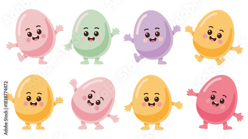 Adorable pastel Easter eggs vector cartoon characters collection, cheerfully running and jumping, displaying joy for spring holiday festivities, digital education, retail promotions, marketing, and cr