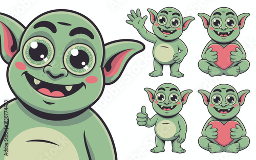 Friendly cartoon green goblin mascot character vector illustration set, featuring adorable poses like waving, giving a thumbs up, and sitting with a pink heart, ideal for sweet fantasy gaming, sticker