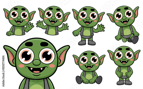 A collection of cute green goblin monster mascot characters in various poses like waving, sitting, and standing, featuring a charming smile, big eyes, and pointed elf ears, ideal vector illustration f