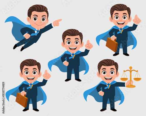 Dynamic cartoon superhero businessman mascot character in navy suit with blue cape flying, holding briefcase, or balancing golden justice scales, representing fast corporate solutions, legal expertise