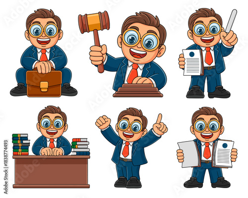 A friendly professional cartoon attorney and judge character set presenting legal advice, handling important business contracts, reviewing official documentation, and sitting with law books, symbolizi