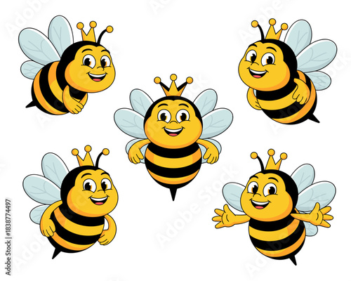 Cute cartoon Queen Bee mascot character set vector illustration featuring five adorable flying happy smiling honeybees wearing tiny golden crowns, suitable for business, finance, education, marketing