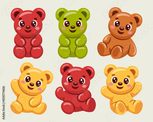 Cheerful set of six colorful gummy bears and jelly sweets mascot characters, detailed vector illustration for fun confectionery advertising, sweet food packaging design, children's health vitamins, pl