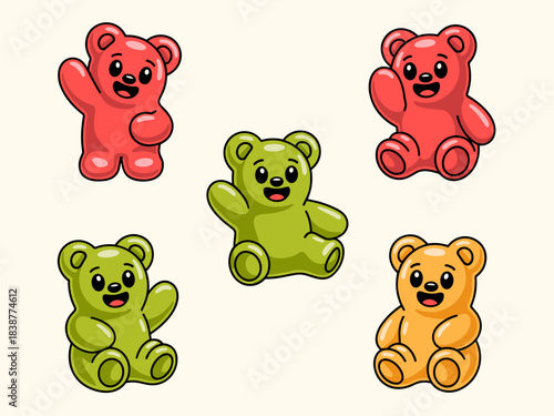 Five cheerful, smiling gummy bear characters, vibrant red, olive green, and bright orange colors, glossy sweet candy illustration, waving hello in a friendly welcome, isolated vector cartoon design fo