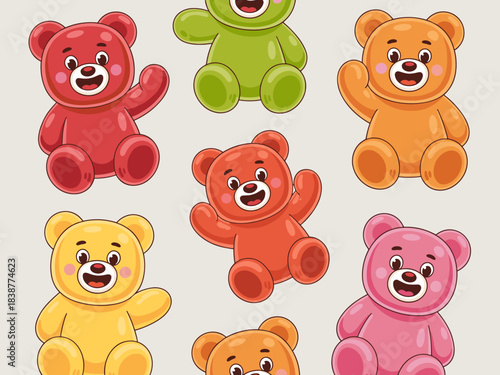 Cheerful colorful seamless pattern background of cute vector cartoon gummy bears illustration, showing various sweet jelly candy snacks in red, orange, yellow, green, and pink, perfect for playful chi