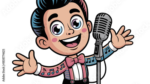 Adorable cartoon boy singer performing enthusiastically into a classic vintage microphone, wearing a pink bow tie and suspenders, sleeves decorated with sheet music notes, perfect vector illustration