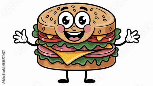 Cheerful cartoon deli sandwich mascot waving its friendly hands, featuring layers of fresh lettuce, tomato, ham, and melting cheese on a toasted bun, an isolated graphic illustration for attractive fa