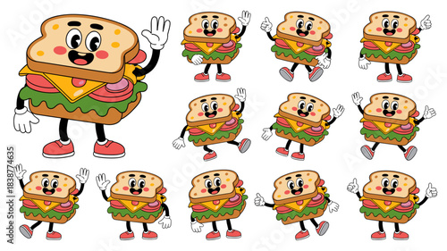 Cheerful retro cartoon sandwich mascot character vector set, packed with twelve vibrant poses and actions like waving, running, and giving a friendly thumbs-up sign, ideal graphic resource for marketi
