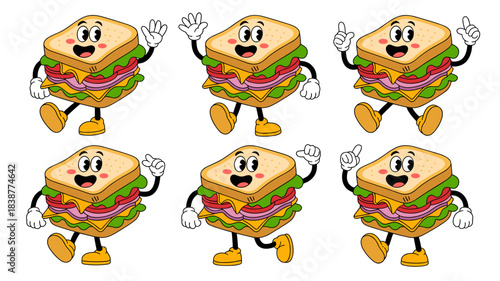 Cheerful retro rubber hose animated club sandwich characters running, skipping, and happily posing, showcasing delicious layered ingredients like ham, cheese, tomato, and lettuce, designed for playful