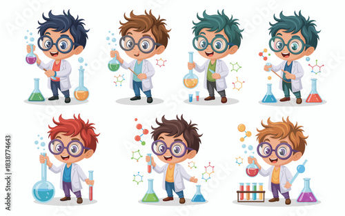 Collection of cheerful young student scientists and clever children in lab coats and glasses holding colorful chemistry glassware, conducting scientific research experiments and educational discoverie