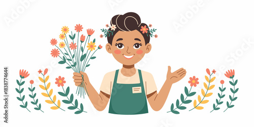 Cheerful smiling young female florist in a green apron holding a fresh colorful wildflower bouquet and gesturing welcome, representing professional small business entrepreneurship, organic gardening,