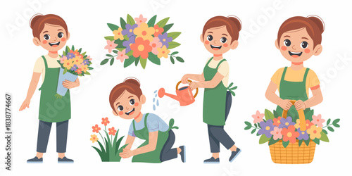 Cheerful female florist character cartoon set performing essential gardening and retail activities, including happily planting seedlings, watering flowers, holding a fresh bouquet, and carrying a larg