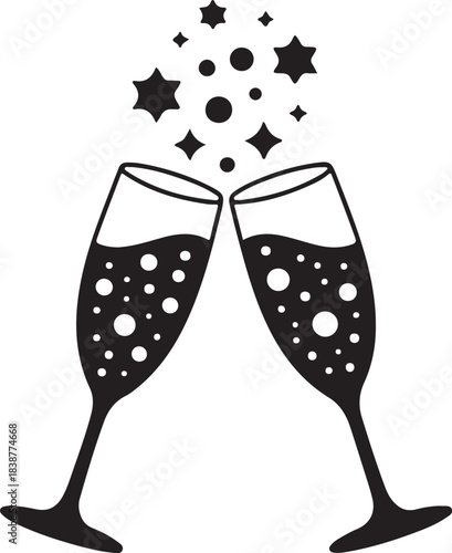 Two champagne glasses clinking with bubbles and stars