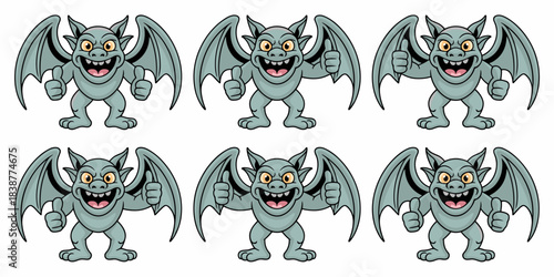 A cheerful cartoon gargoyle mascot character, a mythical stone creature with large wings, happily gives a double thumbs up sign, symbolizing success, approval, and excellent performance, ideal for mar