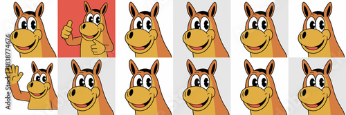 Cheerful cartoon horse, donkey, or mule mascot character smiling happily and waving with a positive thumbs up gesture, ideal vintage retro 1930s rubber hose style illustration for digital marketing, b