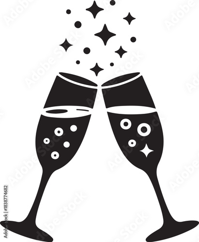 Two champagne glasses clinking with bubbles and stars