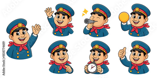 Detailed vector illustration set of a friendly railway conductor or traffic official character in a blue uniform and red ascot, signaling welcome, instruction, and reliable service using a stopwatch,