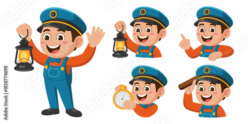 Cheerful cartoon boy dressed as a railroad train conductor holding a classic signal lamp and antique stopwatch vector character set offering various poses for transportation, punctuality, safety, logi