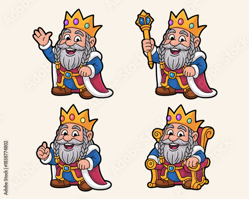 A cheerful, cute cartoon king character mascot set featuring a medieval monarch ruler wearing a royal crown and robe, showing various poses like waving, holding a scepter, giving a thumbs-up, and sitt
