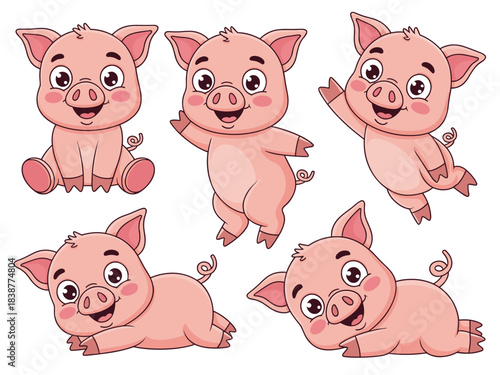 Adorable cartoon piglets vector illustration set featuring cute pink piggy characters in diverse happy and playful poses like waving, sitting, jumping, and lying down, cheerful graphic resource for ch