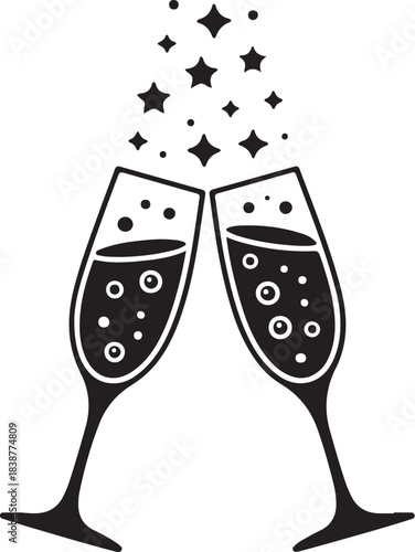 Two champagne glasses clinking with stars and bubbles