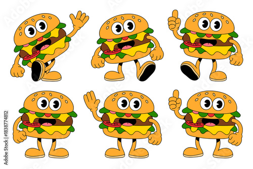 Dynamic collection of cute cartoon hamburger characters in a retro vintage 1930s rubber hose animation style, featuring various poses like walking, waving, and pointing, perfect vector illustration fo