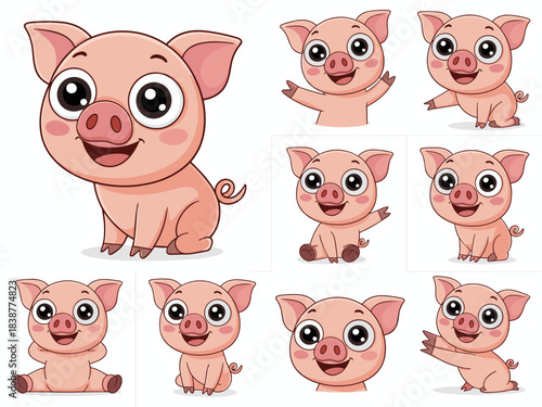 Cute cartoon piglet set vector illustration of adorable happy smiling baby pigs in different poses, perfect farm animal character mascot for children's education, nursery graphics, marketing, and adve