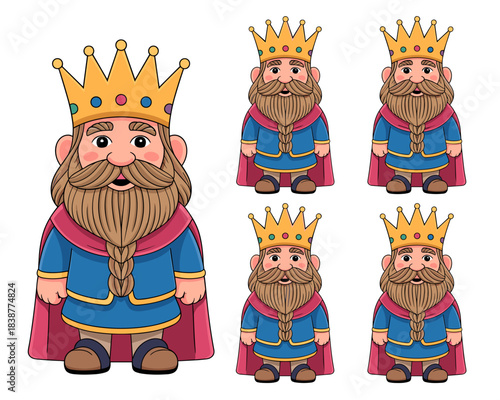 A cute cartoon king character mascot with a magnificent golden crown and long braided beard, standing proudly in a royal blue tunic and red flowing cape, depicted in a detailed storybook style illustr