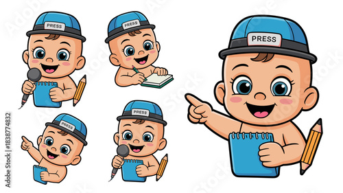 Cheerful adorable baby journalist reporter cartoon vector mascot illustration set wearing a blue press cap, actively interviewing with a microphone and taking diligent notes with a pencil and spiral n