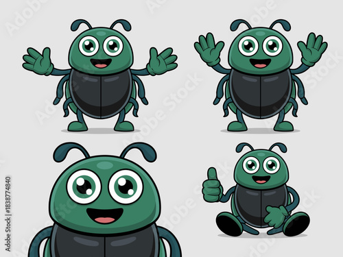 A set of cute cartoon beetle mascot characters featuring green and black exoskeletons expressing positive welcome and thumbs-up success gestures, ideal vector illustration resources for digital presen