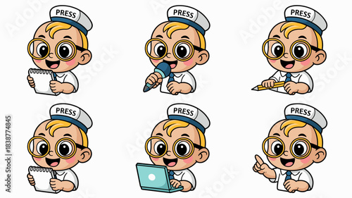 Cute cartoon little baby boy character wearing press cap and glasses, acting as a professional young journalist or reporter, communicating news, interviewing, writing articles, and digital blogging, a
