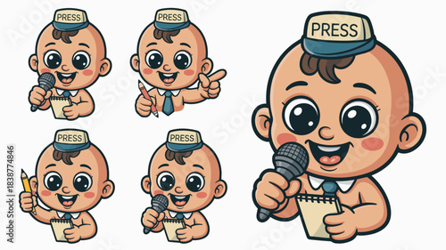 Adorable cartoon baby reporter character mascot wearing a press hat and tie, smiling while holding a microphone, notepad, and pencil, illustrating concepts of communication, journalism, breaking news,