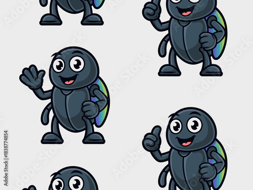 Friendly cartoon beetle mascot character waving hello and giving a successful thumbs up, featuring a happy smile and a vibrant rainbow iridescent shell, perfect vector graphic illustration for softwar