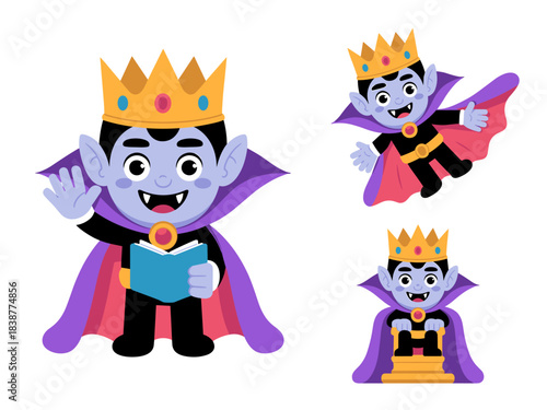 Cute little cartoon vampire king character design wearing a majestic purple cape and gold crown with fangs, shown in multiple poses including reading a book, cheerfully waving, flying, and sitting on
