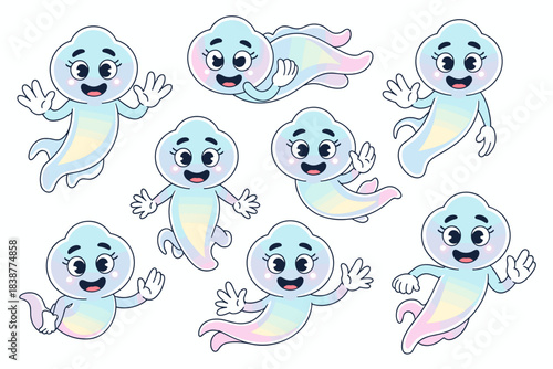 Cute cartoon ghost characters collection floating and waving happily, featuring pastel iridescent gradients, big smiling eyes, and a friendly kawaii design style, perfect vector illustration for child