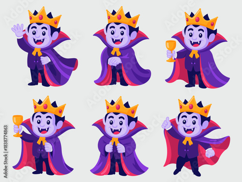 Adorable chibi style vampire monarch character mascot illustration set featuring multiple poses, wearing a flowing purple cape, golden crown, and fangs, cheering with a goblet, waving hello, and givin