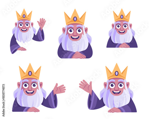 An amiable cartoon medieval royal king or a wise, white-bearded elder mascot character set presenting, waving, and smiling happily in various welcoming poses, perfect for fantasy storytelling, web int