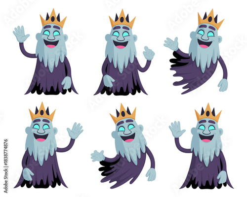 Six friendly cartoon undead ghost king character set poses, happily waving and greeting clients, perfect vector illustration for fantasy advertising, spooky marketing, cheerful Halloween stickers, whi